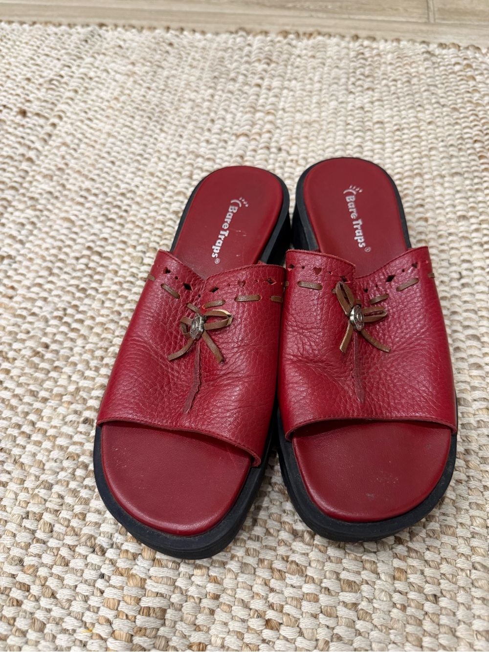 BareTraps Red Leather Slip-On Mules with Bow Accent